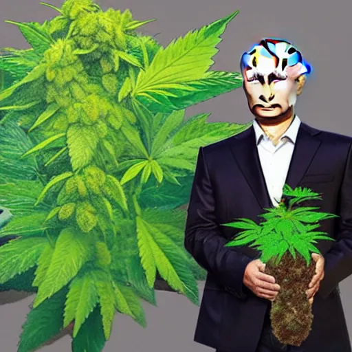 Image similar to Vladimir Putin holding a giant marijuana plant, detailed face, realistic face, amazing digital art, highly detailed, trending on artstation