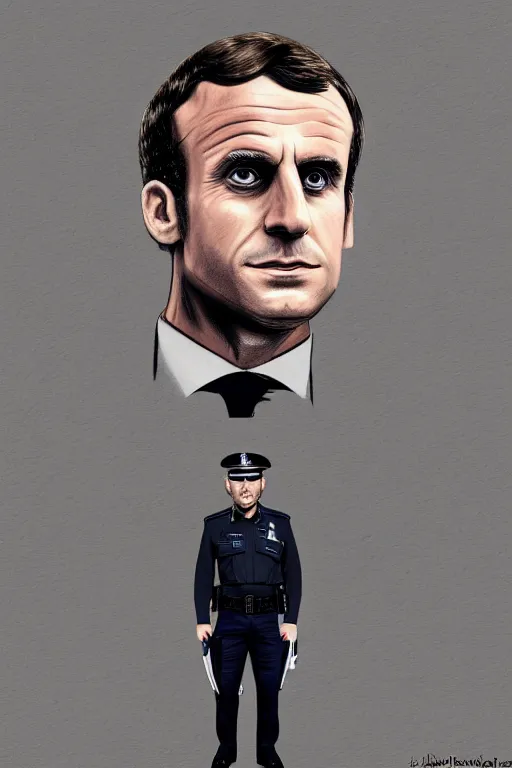Image similar to emmanuel macron dressed as a police officer, highly detailed, digital art, sharp focus, trending on art station