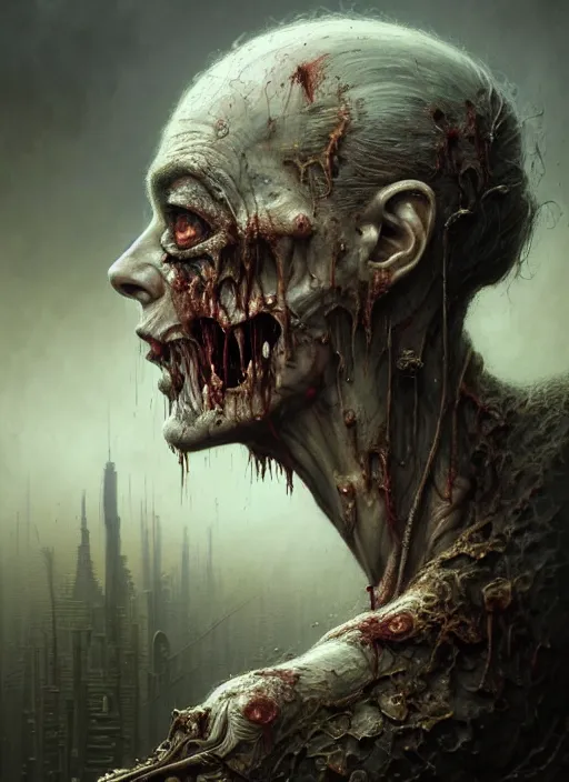 Prompt: portrait side profile shot of a pale decrepit zombie, a scenic dystopian environment, intricate, elegant, highly detailed, centered, digital painting, artstation, concept art, smooth, sharp focus, illustration, artgerm, tomasz alen kopera, peter mohrbacher, donato giancola, joseph christian leyendecker, wlop, boris vallejo