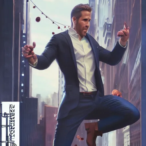 Image similar to ryan reynolds as a black and blue suit spider - man, cinematic, volumetric lighting, f 8 aperture, cinematic eastman 5 3 8 4 film, photorealistic by greg rutkowski, by stanley artgerm, by alphonse mucha