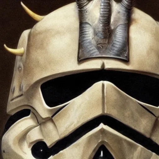 Image similar to close up front view of a demonic horned stormtrooper with compound eyes, symmetrical, by jean - baptiste monge!!!!!!!!!!!!!!!!!!!!!!!!!!!