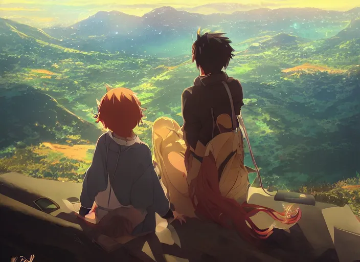 Image similar to watching the stars at night, on a mountain, by wlop, anime key visual, poster