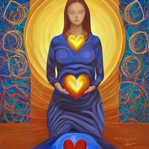 Prompt: a painting of a woman holding a glowing golden heart in the water, an acrylic on canvas painting by amanda sage and magali villenueve, louvre contest winner, gold foil