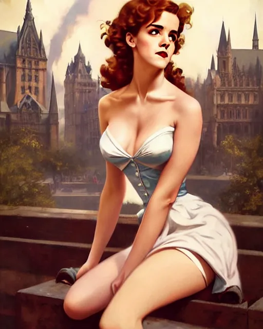 Prompt: pinup photo of hermione granger by emma watson in the crowded square of the city, by greg rutkowski, gil elvgren, enoch bolles, kezie demessance, glossy skin, pearlescent, very coherent, very detailed