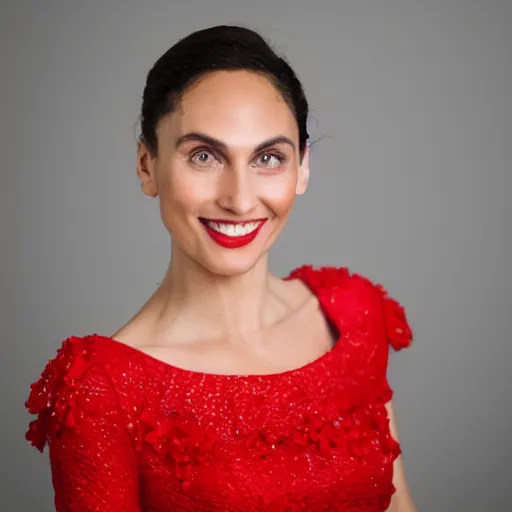 Image similar to Stunning studio photograph of Gal Godot in a red dress smiling slightly for the camera, XF IQ4, f/1.4, ISO 200, 1/160s, 8K, RAW, unedited, symmetrical balance, in-frame, sharpened