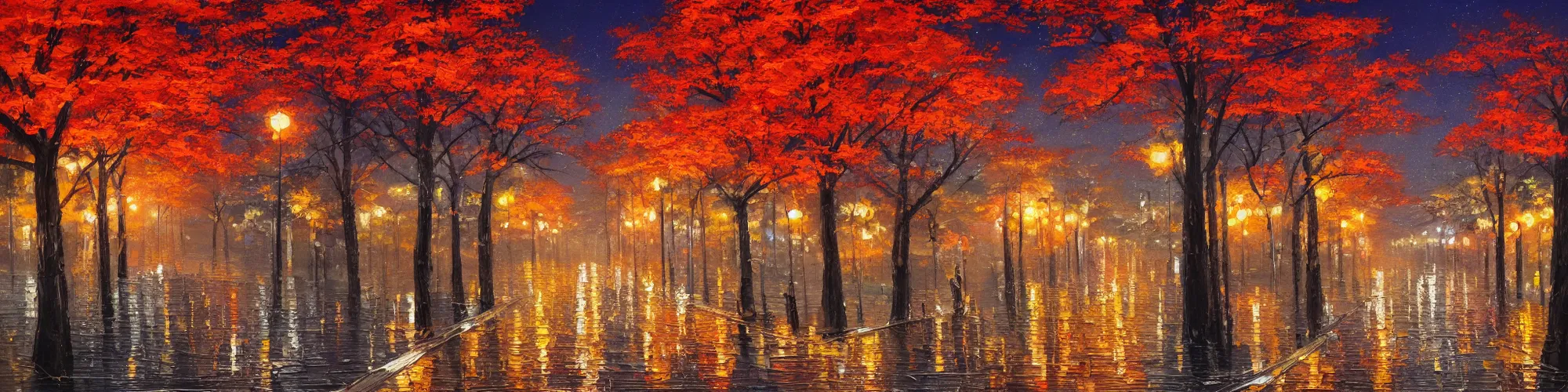 Prompt: painting of autumn japanese city landscape during night, award winning painting, beautiful, breathtaking, stunning scenery, trending on artstation, masterpiece