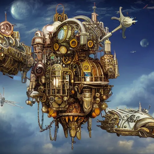 Image similar to flying city in a mechanical flower, sky, fantasy art, steampunk, masterpiece