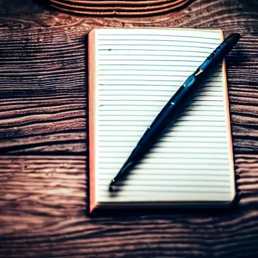 Image similar to highly detailed close up photo of an old worn notebook on wooden table, old table, feather pen, light coming out of near window, moody lighting, dust in air