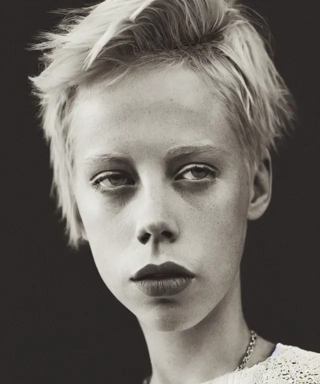 Image similar to a color photograph of edie campbell, bleached blonde short hair, by carrie mae weems, intense, bold, hyperrealistic, ultra sharp, extra details, ultra high quality, trending on pinteresst