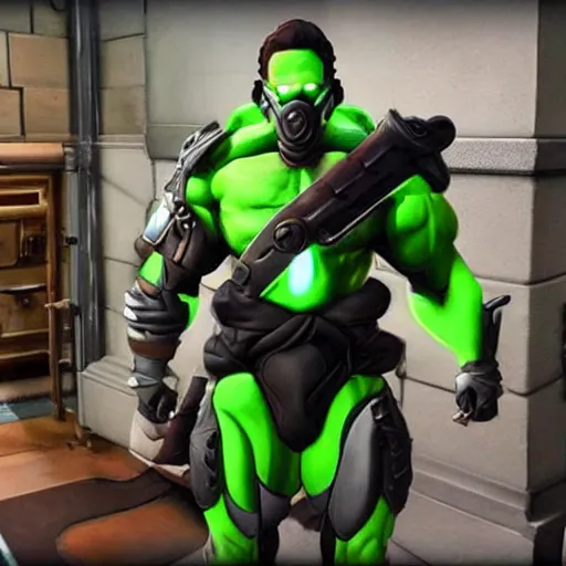 Image similar to a screenshot of arnold schwarzenegger as genji in overwatch