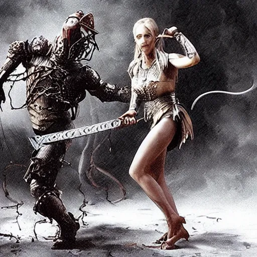 Image similar to fantasy horror movie showing a knight in razor blade armor using his bloody sword to fight a snake headed woman who is spitting venom at him.