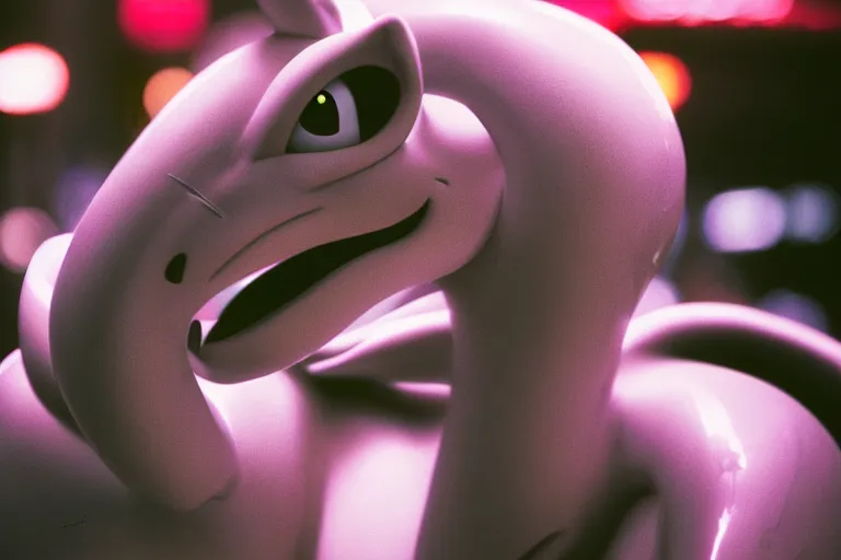 Image similar to closeup potrait of Mewtwo in Tokyo, neon light, sharp, detailed face, magazine, press, photo, Steve McCurry, David Lazar, Canon, Nikon, focus