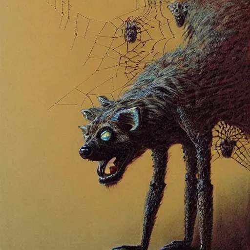 Prompt: spider morphed with hyena, many legs and eyes, large web, highly detailed beksinski art,