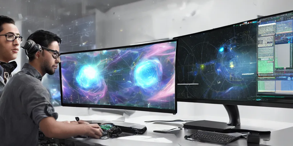 Prompt: a young engineer creating a universe in his PC, a male mage in his 20s with black hair sitting in front of wide monitor, hands on a keyboard. a monitor showing code, neural networks and visual editors. hyperrealistic, extremely detailed, award-winning art, trending on Artstation
