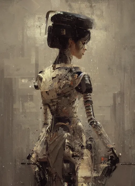 Image similar to geisha robot, rule of thirds, intricate outfit, spotlight, by greg rutkowski, by jeremy mann, digital painting