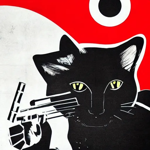 Prompt: a URSS propaganda poster from : a black cat with an AK47 , red and white, This 4K HD image is Trending on Artstation, featured on Behance, well-rendered, extra crisp