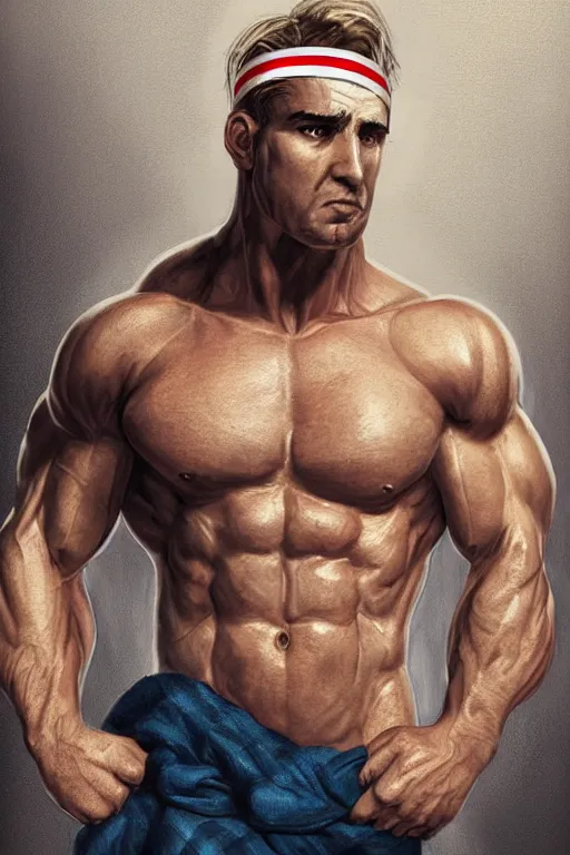 Prompt: portrait of crossfiter guillaume briant upper part of the body with a french flag cap and blond hairs, powerful, musculated, he got a big french musctache, by aenaluck, artgerm and roberto ferri and greg rutkowski, digital painting, artstation, concept art, smooth, sharp foccus ilustration hq