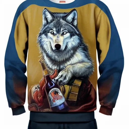 Image similar to Wolf as a human, wearing sweatshirt, holding beer, artwork by Earl Norem,