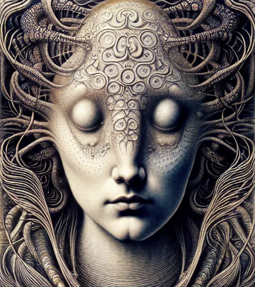 Prompt: detailed realistic beautiful ocean goddess face portrait by jean delville, gustave dore, iris van herpen and marco mazzoni, art forms of nature by ernst haeckel, art nouveau, symbolist, visionary, gothic, neo - gothic, pre - raphaelite, fractal lace, intricate alien botanicals, ai biodiversity, surreality, hyperdetailed ultrasharp octane render