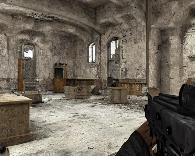 Image similar to counter strike screenshot with game HUD 'group of soldiers in an abandoned church', high exposure, dark, monochrome, camera, grainy, timestamp, zoomed in source engine footage, CS:GO screenshot, steamcommunity, featured on IGN