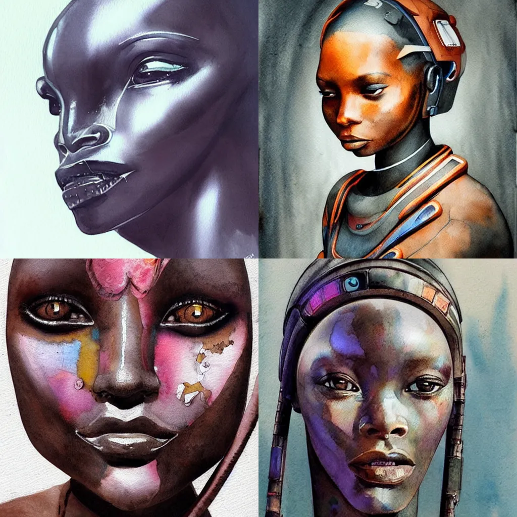 Prompt: beautiful futuristic himba woman, robotic arms, weightless in space, hyperrealistic, scifi, concept art, watercolor, portrait, dark, muted colors