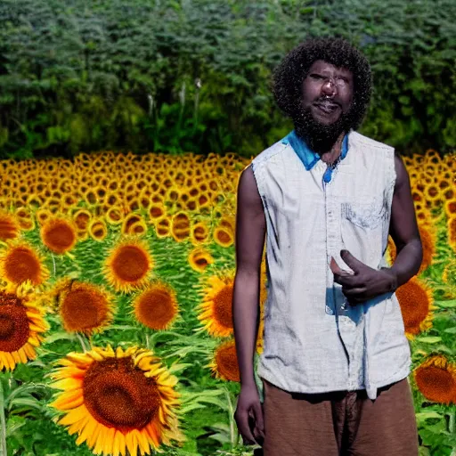 Prompt: east african man with curly hair in a studio ghibli film, animation, field of sunflowers, dreamy, roaming, curious, colorful, intricate details