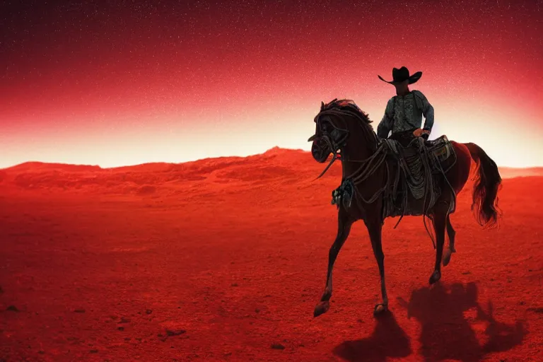 Prompt: Long shot of an old western cowboy riding a horse on mars looking at camera, distant background, red lighting, ominous, gloomy, moonlight, bokeh, depth of field, synthwave, psychedelic, glitch, acrylic, flooko, detailed, cybernetic, sci-fi, glows,