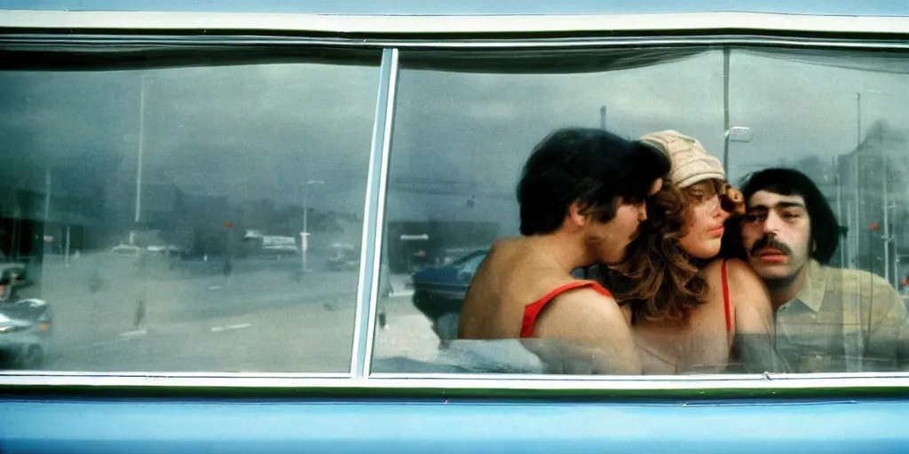 Prompt: 1 9 7 0 s car window closeup, young man and woman kissing in the back seat closeup, coloured film photography, view from below, elliott erwitt photography