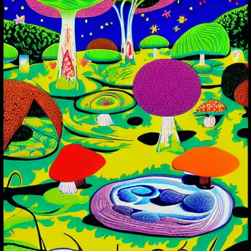 Image similar to psychedelic couch in the lush forest, planets, flowers, mushrooms milky way, sofa, cartoon by carl barks and eric carle