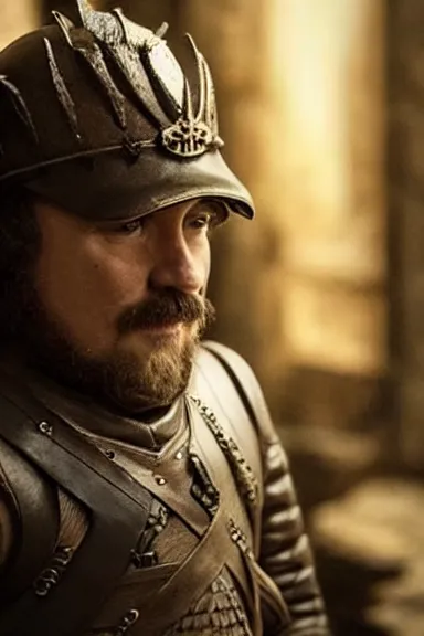 Image similar to “ very very intricate photorealistic photo of a realistic human version of super mario in an episode of game of thrones, photo is in focus with detailed atmospheric lighting, award - winning details ”