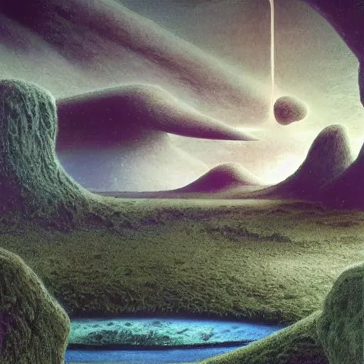 Image similar to artistic digital artwork of an epic natural scene on an alien planet. beautiful landscape by vincent bons, michael whelan, remedios varo and gerardo dottori. grainy and rough. interesting pastel colour palette. beautiful light. oil and water colour based on high quality render.