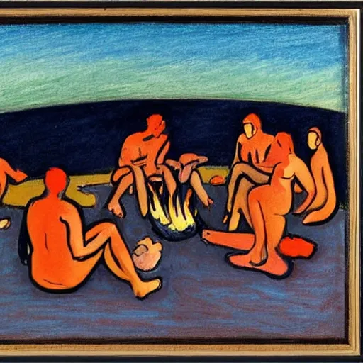 Image similar to hideous by kees van dongen kodachrome. drawing. a group of people gathered around a fire. they are all looking up at the night sky, where a bright star is shining