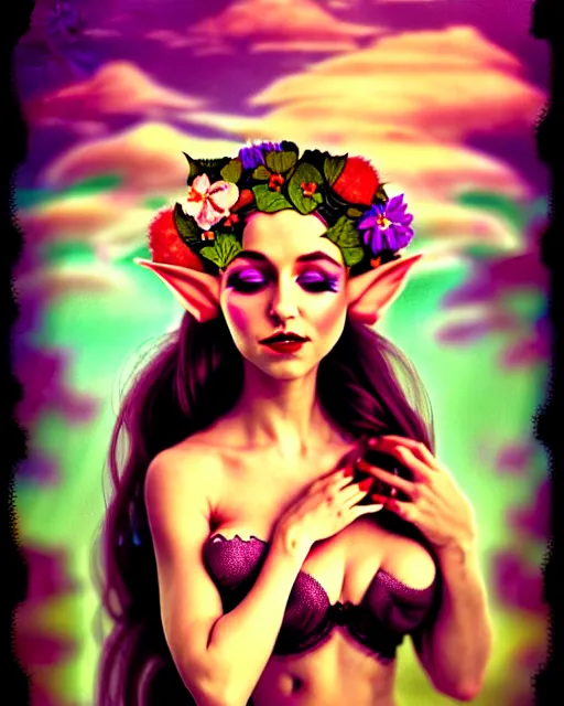 Image similar to photot of burlesque elf, flowers in hair, fantasy character portrait, soft clouds, floral sunset, ultra realistic, concept art, intricate details, art nouveau, cinematic, highly detailed