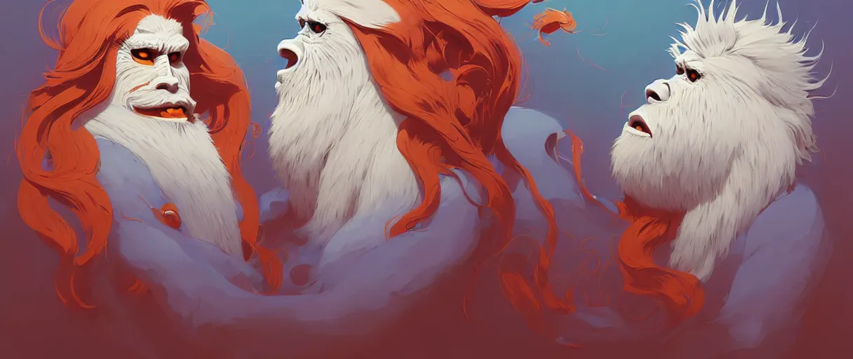 Image similar to beautiful artistic - wave highly detailed portrait yeti and bigfoot, with kitsune mask, long red hair, by atey ghailan, by greg rutkowski, by greg tocchini, by james gilleard, by joe fenton, by kaethe butcher, dynamic lighting, gradient light blue, brown, blonde cream and white color scheme, grunge aesthetic