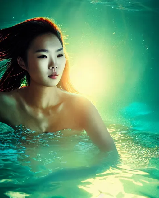 Image similar to portrait of asian woman underwater during sunrise, sunrays, aquaman aesthetic, caustics, rippling water, photoshoot, flowing hair, elegant, iconic, fine-art, masterpiece, cinematic, trending on artstation