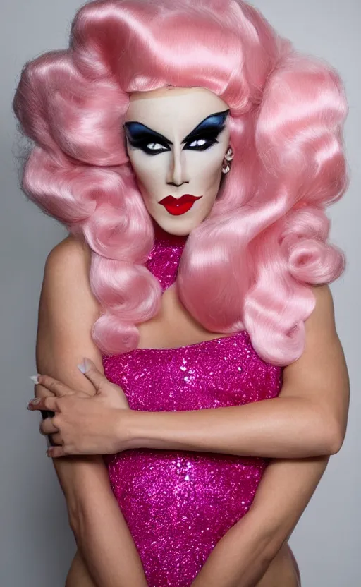 Prompt: 4k art deco portrait of a drag queen with an expression of shock and surprise wearing: heavy drag makeup, pink glitter bodysuit, huge blonde wig with bouffant hairdo, a pink oversized bow on top of wig