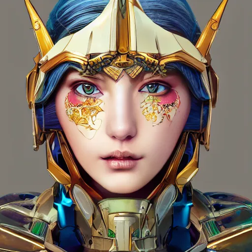 Image similar to studio portrait of lawful good colorful female holy mecha paladin absurdly beautiful, elegant, young sensual graceful woman, ultrafine hyperrealistic detailed face illustration by kim jung gi, irakli nadar, intricate linework, sharp focus, bright colors, matte, octopath traveler, final fantasy, unreal engine highly rendered, global illumination, radiant light, intricate environment