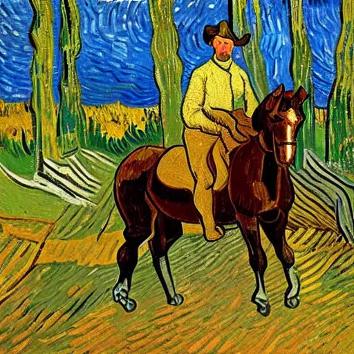 Prompt: oil painting of a man riding a horse in the woods, painted by vincent van gogh and pablo picasso