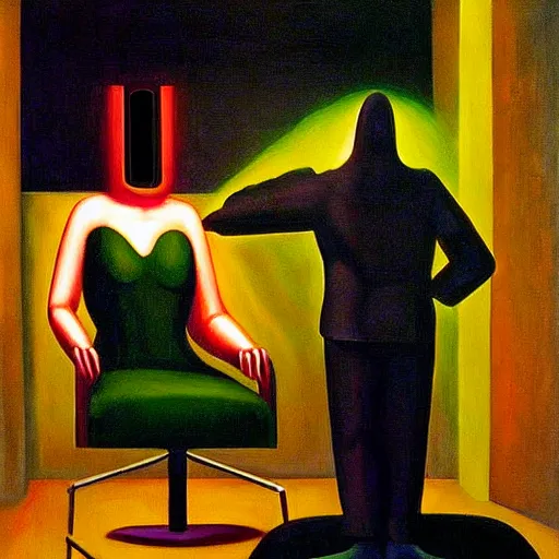 Prompt: evil cyborg mastermind, human subjugation, mind control, dystopian, pj crook, edward hopper, oil on canvas