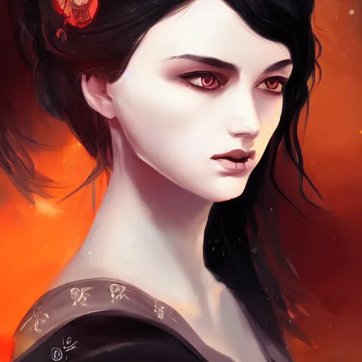 Image similar to portrait, woman with black hair, the lady of ash, elegant, fantasy, artstation, illustration, intricate, sharp focus, digital painting