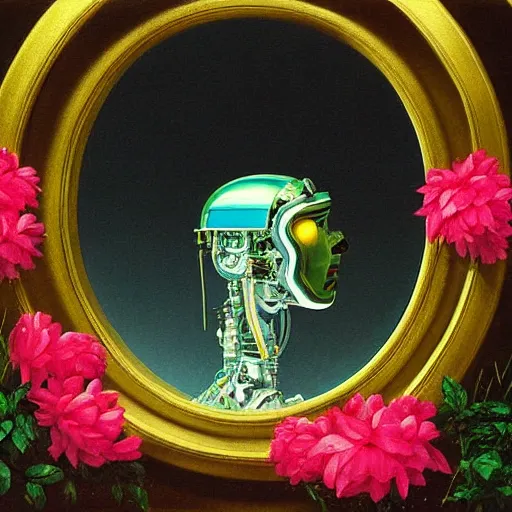 Image similar to a highly detailed painting by Thomas Cole of a vaporwave alternative reality mirror, robot head with flowers growing out, highly detailed 3d rendering from 1996