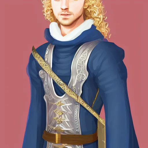 Image similar to portrait, 27 years old man, blue eyes, blond curls, charming, handsome :: rich expensive medieval clothes :: high detail, digital art, fantasy, RPG, concept art, illustration