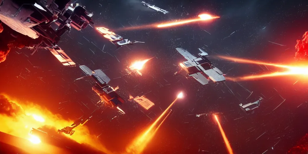 Image similar to dramtic spacecraft battle scene, sci-fi movie shot, ultra detailed, octane render, laser fire and explosions, 8k