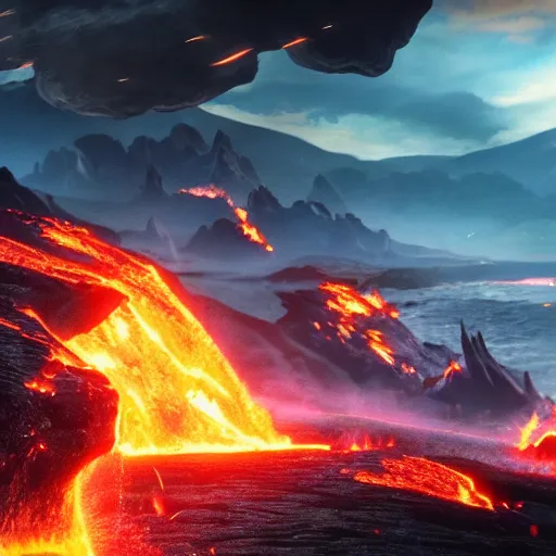 Prompt: epic battle between two wizards, lava in the background, cinematic, establishing shot