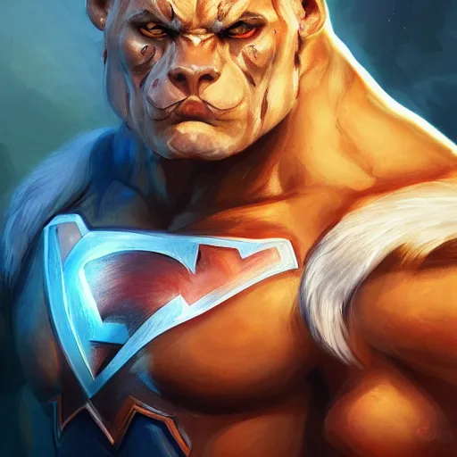 Image similar to a esthetic portrait commission of a muscular antrho albino tiger wearing the superman outfit,hyperdetailed face,character design by charlie bowater,ross tran,artgerm,makoto shibkai,photorealistic,western comic book art,film poster,deviantart,artstation