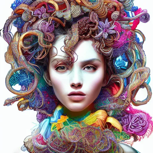 Image similar to the portrait of a ridiculously beautiful and elegant woman partially made of onion rings of all colors, an ultrafine detailed illustration by james jean, final fantasy, intricate linework, bright colors, behance contest winner, vanitas, angular, altermodern, unreal engine 5 highly rendered, global illumination, radiant light, detailed and intricate environment