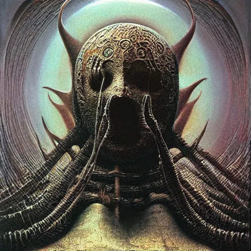 Image similar to The queen of the sun by Zdzislaw Beksinski and H.R. Giger, oil on canvas