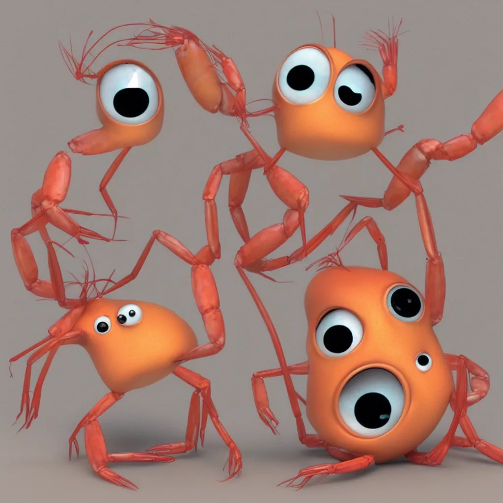 Image similar to cute shrimp character with googly eyes, 3 d, style of pixar