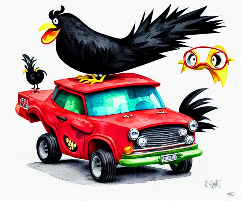 Image similar to cute and funny, black chicken wearing goggles driving a tiny hot rod with an oversized engine, ratfink style by ed roth, centered award winning watercolor pen illustration, isometric illustration by chihiro iwasaki, edited by craola, tiny details by artgerm and watercolor girl, symmetrically isometrically centered