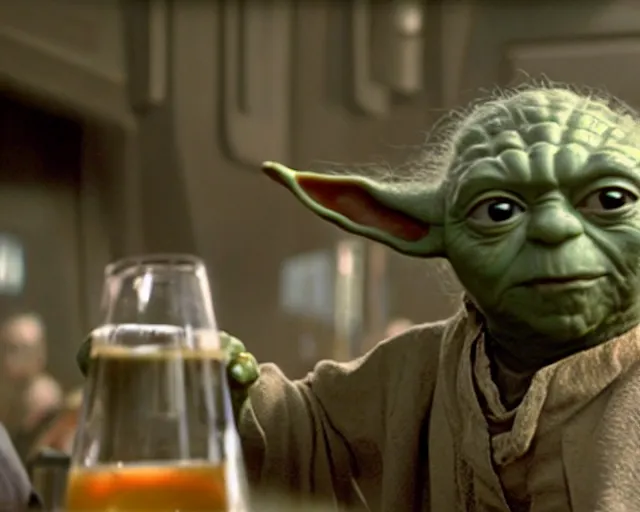 Prompt: film still of yoda drinking beer in a crowded bar in the new star wars movie 4 k